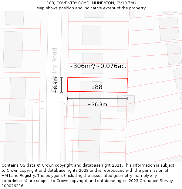 188, COVENTRY ROAD, NUNEATON, CV10 7AU: Plot and title map