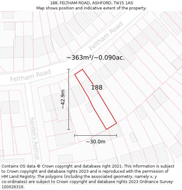 188, FELTHAM ROAD, ASHFORD, TW15 1AS: Plot and title map