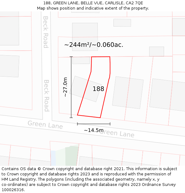 188, GREEN LANE, BELLE VUE, CARLISLE, CA2 7QE: Plot and title map