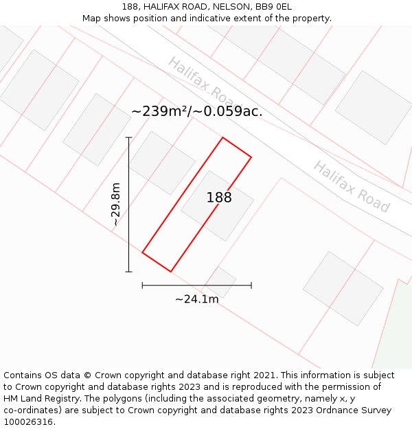188, HALIFAX ROAD, NELSON, BB9 0EL: Plot and title map