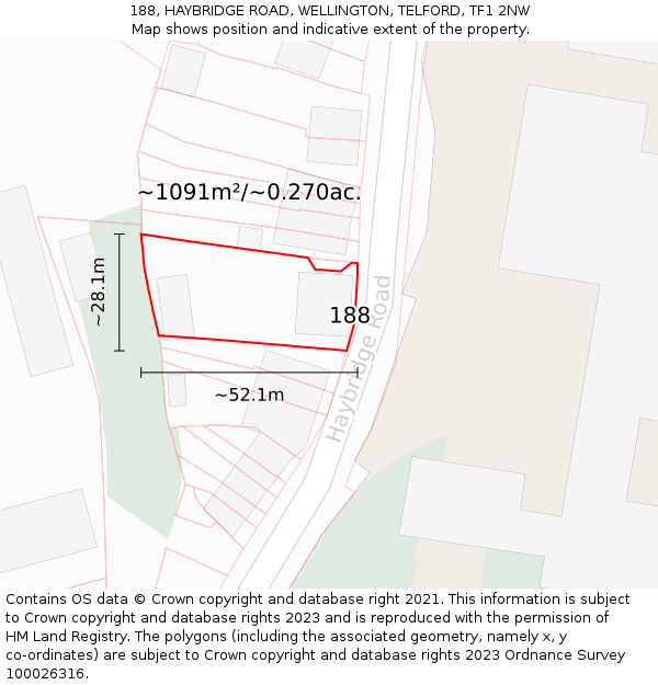 188, HAYBRIDGE ROAD, WELLINGTON, TELFORD, TF1 2NW: Plot and title map