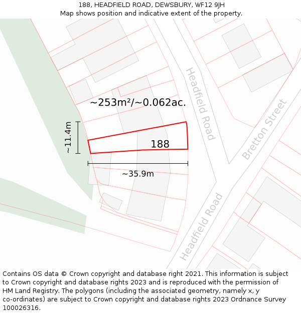 188, HEADFIELD ROAD, DEWSBURY, WF12 9JH: Plot and title map
