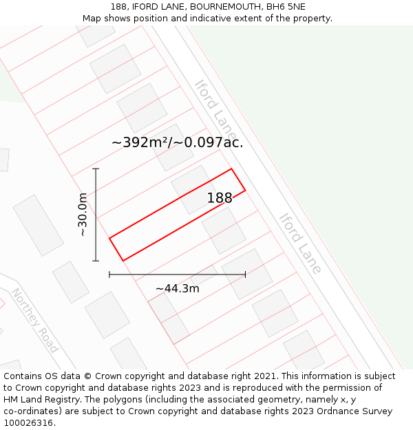 188, IFORD LANE, BOURNEMOUTH, BH6 5NE: Plot and title map