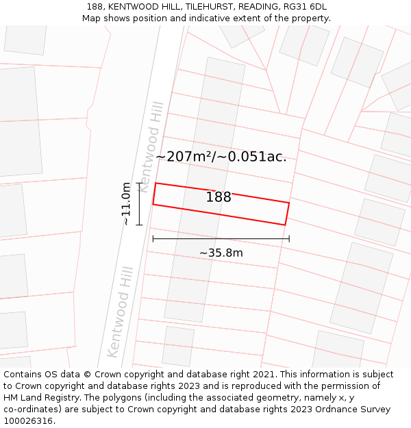 188, KENTWOOD HILL, TILEHURST, READING, RG31 6DL: Plot and title map