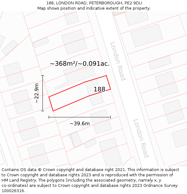 188, LONDON ROAD, PETERBOROUGH, PE2 9DU: Plot and title map