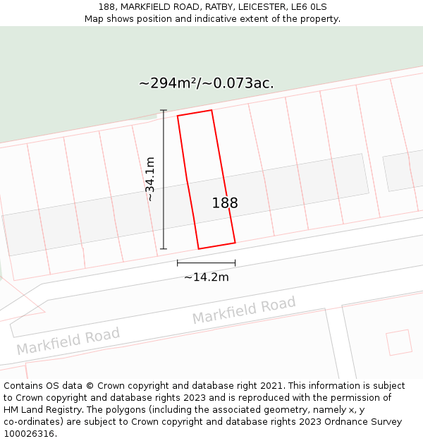 188, MARKFIELD ROAD, RATBY, LEICESTER, LE6 0LS: Plot and title map