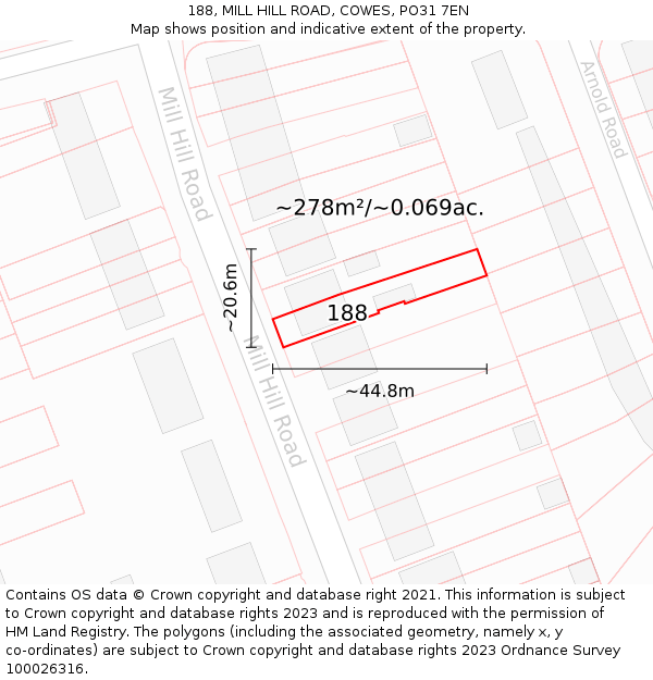 188, MILL HILL ROAD, COWES, PO31 7EN: Plot and title map