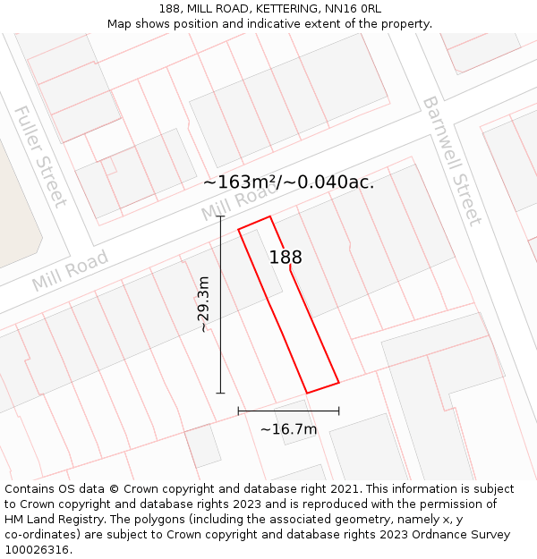 188, MILL ROAD, KETTERING, NN16 0RL: Plot and title map