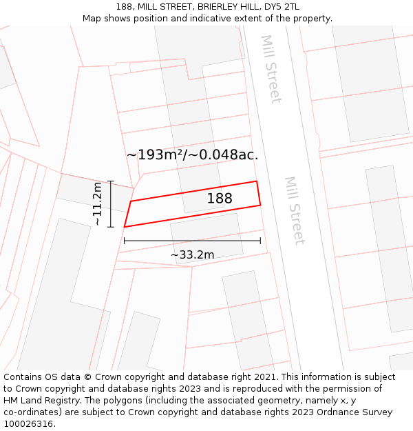 188, MILL STREET, BRIERLEY HILL, DY5 2TL: Plot and title map