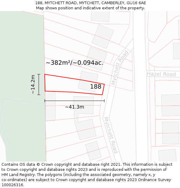 188, MYTCHETT ROAD, MYTCHETT, CAMBERLEY, GU16 6AE: Plot and title map