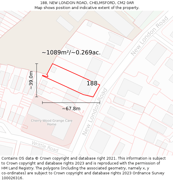 188, NEW LONDON ROAD, CHELMSFORD, CM2 0AR: Plot and title map