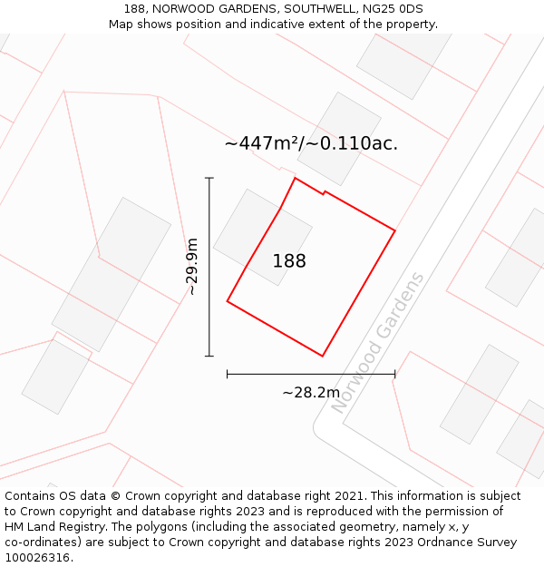 188, NORWOOD GARDENS, SOUTHWELL, NG25 0DS: Plot and title map