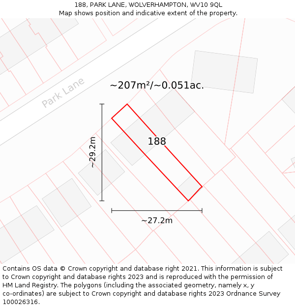 188, PARK LANE, WOLVERHAMPTON, WV10 9QL: Plot and title map