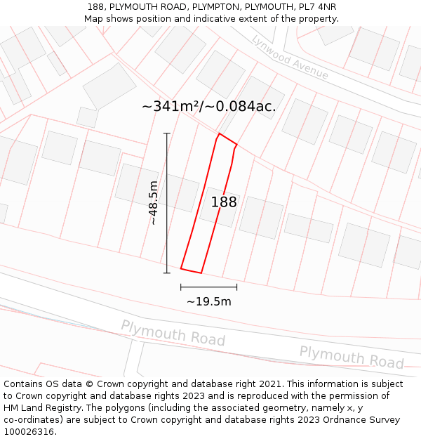 188, PLYMOUTH ROAD, PLYMPTON, PLYMOUTH, PL7 4NR: Plot and title map