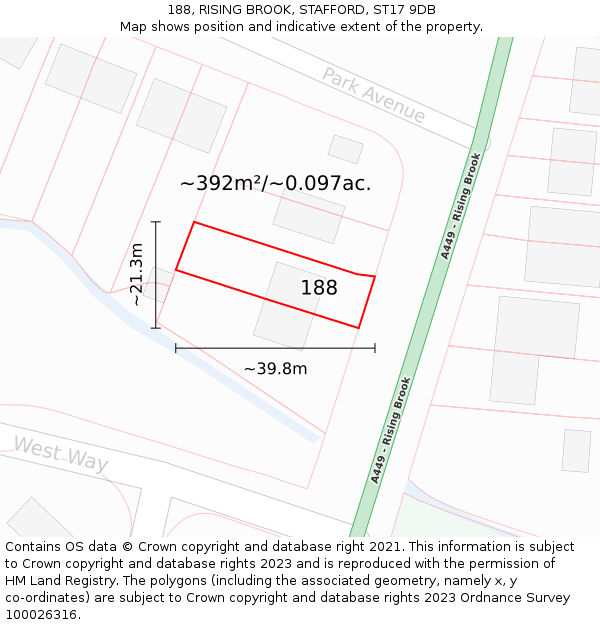 188, RISING BROOK, STAFFORD, ST17 9DB: Plot and title map