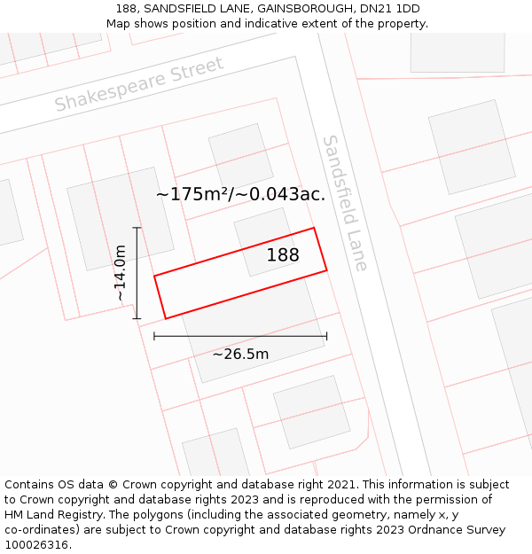 188, SANDSFIELD LANE, GAINSBOROUGH, DN21 1DD: Plot and title map