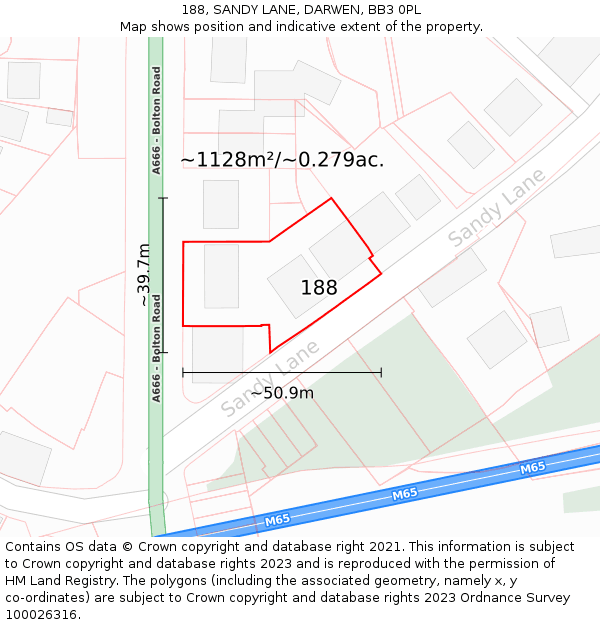 188, SANDY LANE, DARWEN, BB3 0PL: Plot and title map