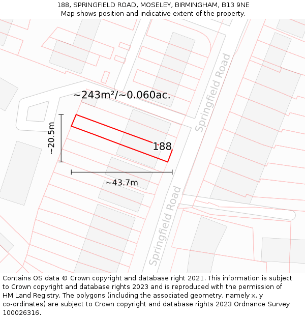 188, SPRINGFIELD ROAD, MOSELEY, BIRMINGHAM, B13 9NE: Plot and title map