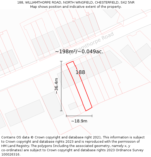 188, WILLIAMTHORPE ROAD, NORTH WINGFIELD, CHESTERFIELD, S42 5NR: Plot and title map