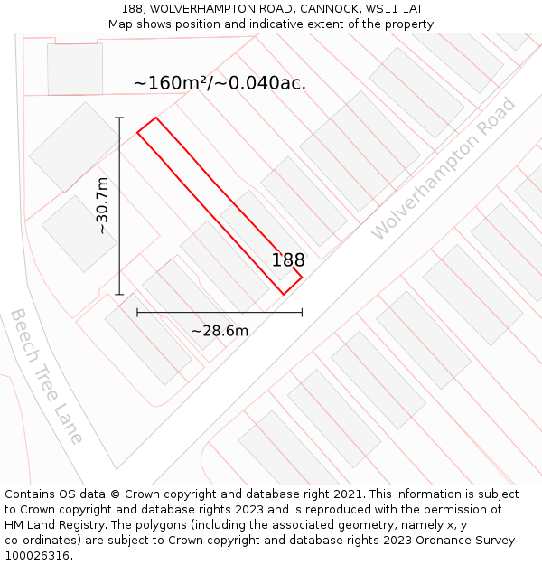 188, WOLVERHAMPTON ROAD, CANNOCK, WS11 1AT: Plot and title map