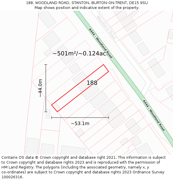 188, WOODLAND ROAD, STANTON, BURTON-ON-TRENT, DE15 9SU: Plot and title map