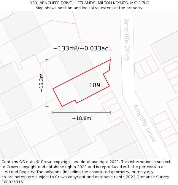 189, ARNCLIFFE DRIVE, HEELANDS, MILTON KEYNES, MK13 7LG: Plot and title map