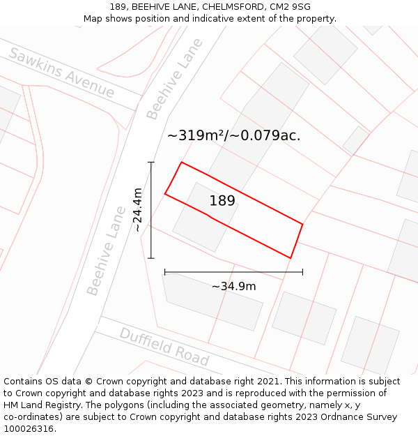 189, BEEHIVE LANE, CHELMSFORD, CM2 9SG: Plot and title map