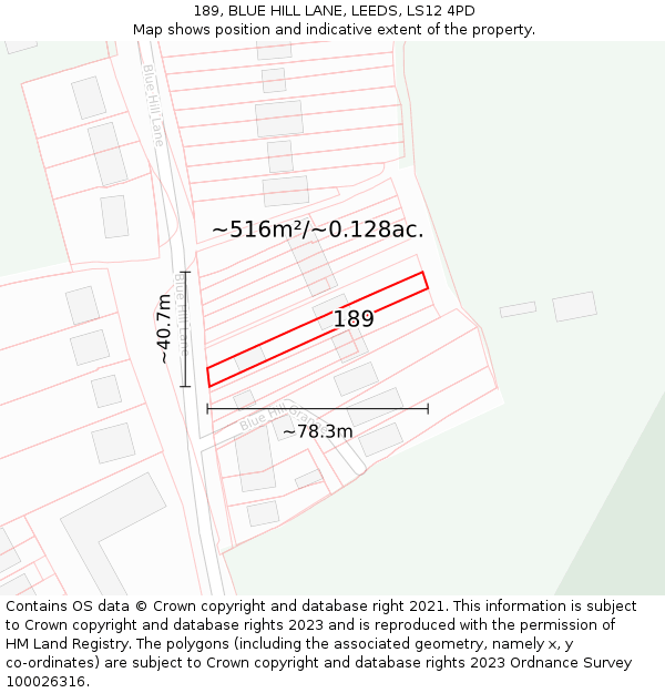 189, BLUE HILL LANE, LEEDS, LS12 4PD: Plot and title map