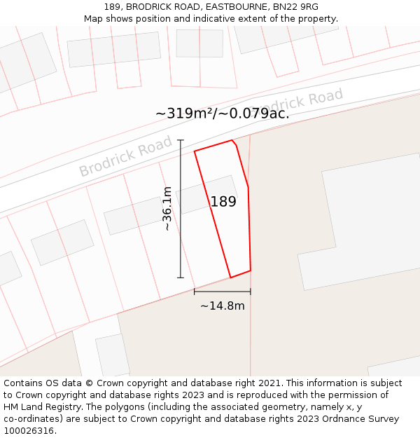 189, BRODRICK ROAD, EASTBOURNE, BN22 9RG: Plot and title map