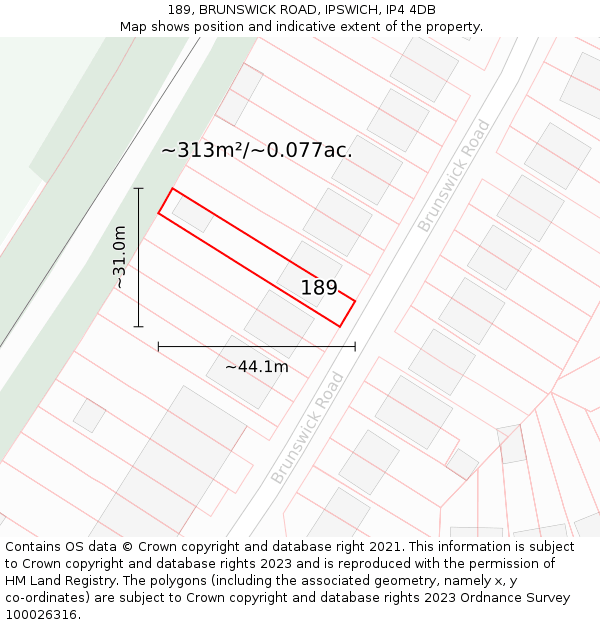 189, BRUNSWICK ROAD, IPSWICH, IP4 4DB: Plot and title map
