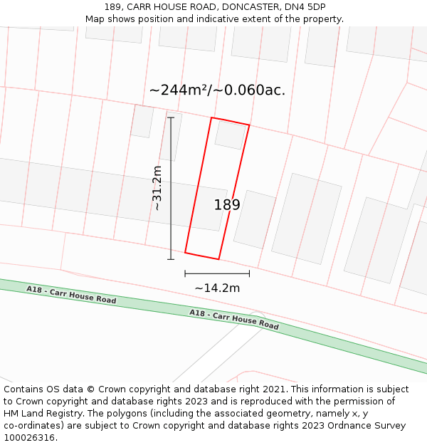 189, CARR HOUSE ROAD, DONCASTER, DN4 5DP: Plot and title map