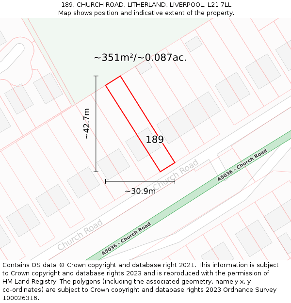 189, CHURCH ROAD, LITHERLAND, LIVERPOOL, L21 7LL: Plot and title map