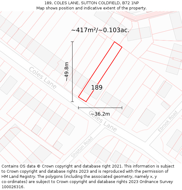 189, COLES LANE, SUTTON COLDFIELD, B72 1NP: Plot and title map