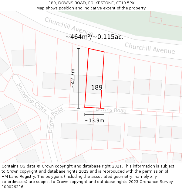 189, DOWNS ROAD, FOLKESTONE, CT19 5PX: Plot and title map