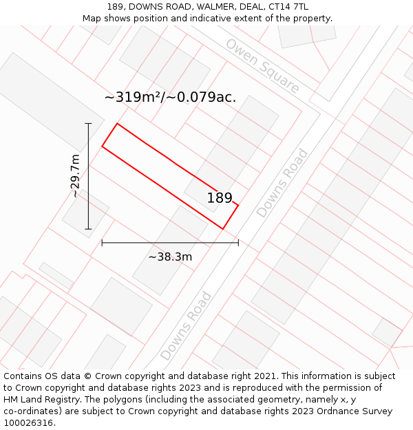 189, DOWNS ROAD, WALMER, DEAL, CT14 7TL: Plot and title map
