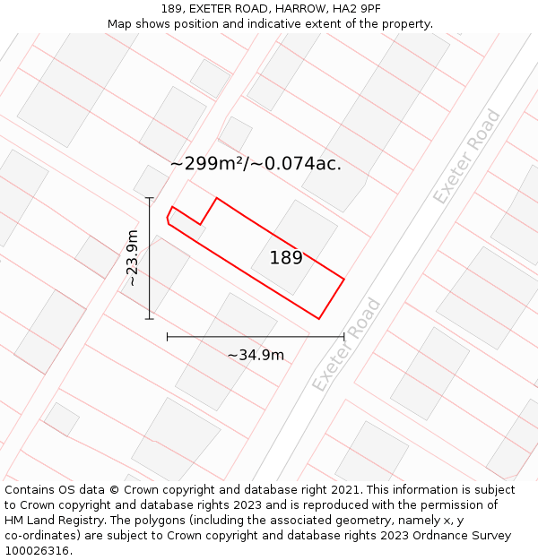 189, EXETER ROAD, HARROW, HA2 9PF: Plot and title map