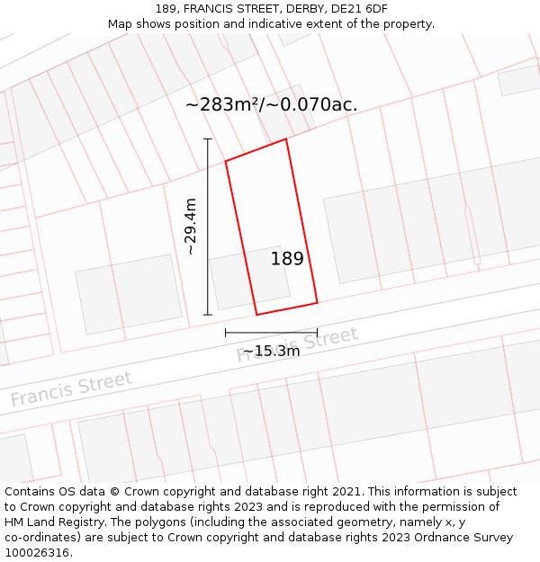 189, FRANCIS STREET, DERBY, DE21 6DF: Plot and title map