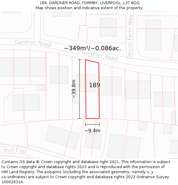 189, GARDNER ROAD, FORMBY, LIVERPOOL, L37 8DG: Plot and title map