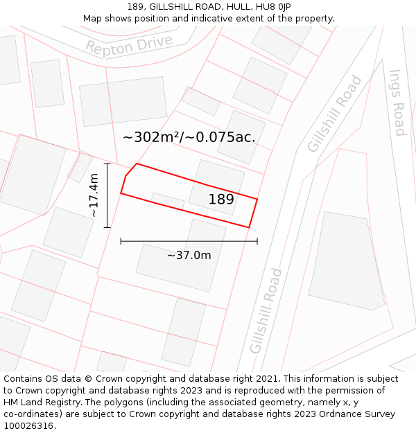 189, GILLSHILL ROAD, HULL, HU8 0JP: Plot and title map