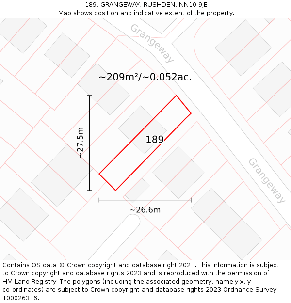 189, GRANGEWAY, RUSHDEN, NN10 9JE: Plot and title map