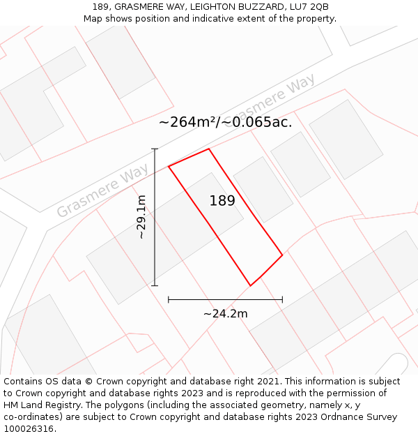 189, GRASMERE WAY, LEIGHTON BUZZARD, LU7 2QB: Plot and title map