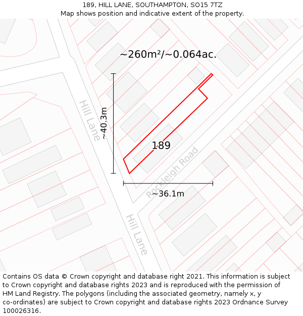 189, HILL LANE, SOUTHAMPTON, SO15 7TZ: Plot and title map