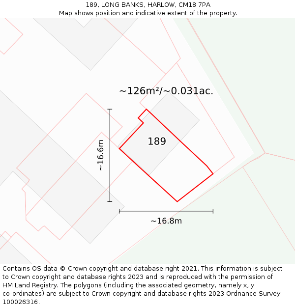 189, LONG BANKS, HARLOW, CM18 7PA: Plot and title map