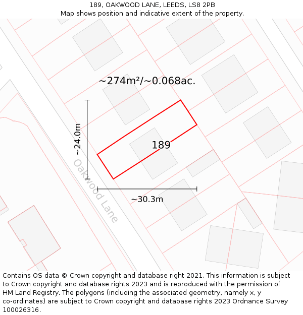 189, OAKWOOD LANE, LEEDS, LS8 2PB: Plot and title map