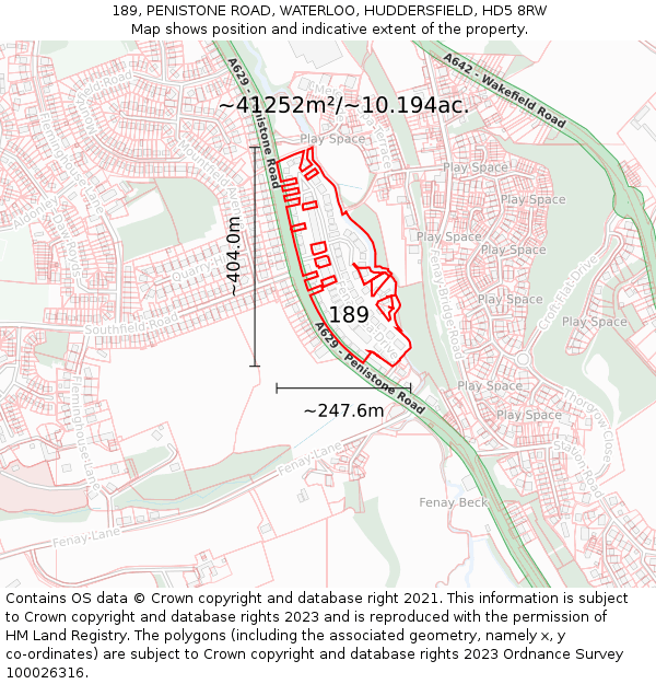 189, PENISTONE ROAD, WATERLOO, HUDDERSFIELD, HD5 8RW: Plot and title map