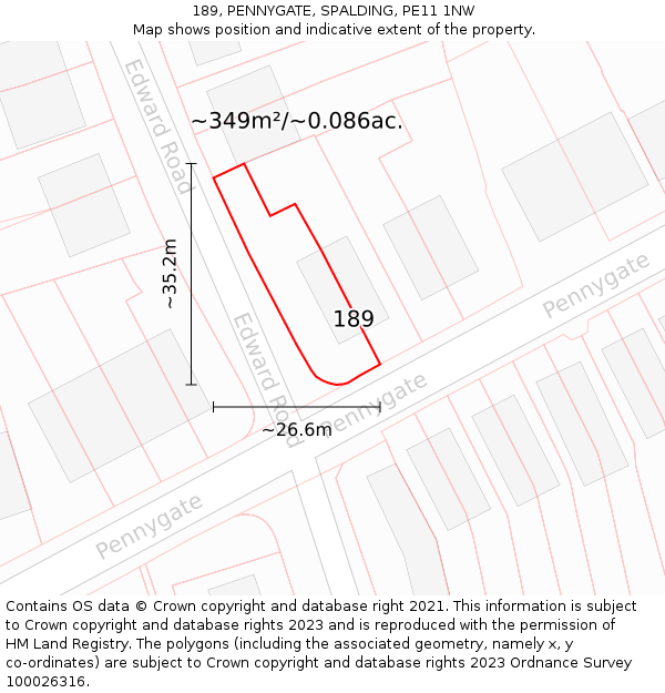 189, PENNYGATE, SPALDING, PE11 1NW: Plot and title map