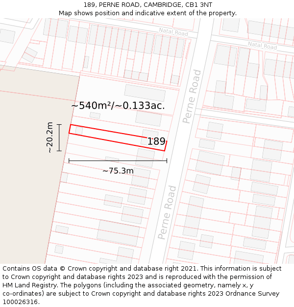 189, PERNE ROAD, CAMBRIDGE, CB1 3NT: Plot and title map