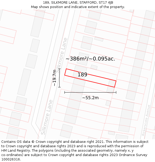 189, SILKMORE LANE, STAFFORD, ST17 4JB: Plot and title map