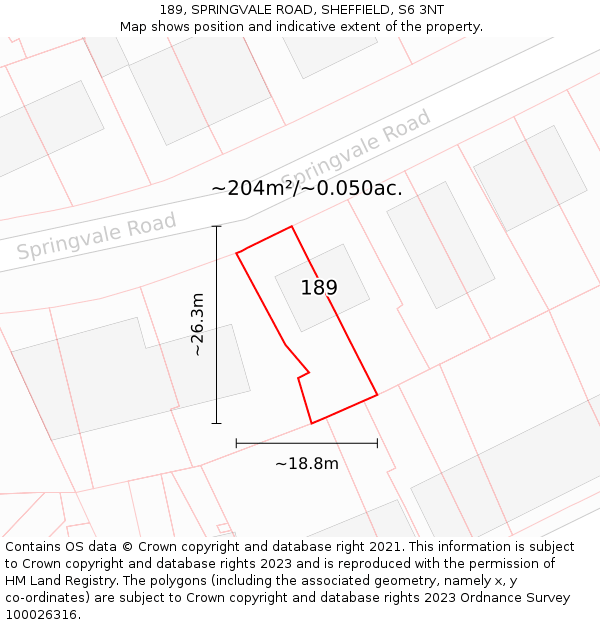 189, SPRINGVALE ROAD, SHEFFIELD, S6 3NT: Plot and title map