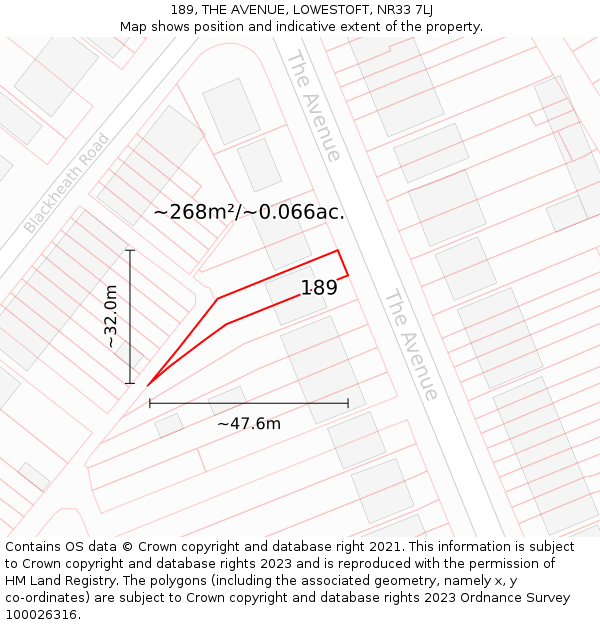 189, THE AVENUE, LOWESTOFT, NR33 7LJ: Plot and title map